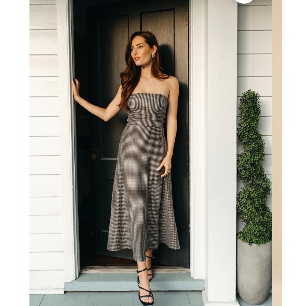 Gingham Strapless Ruched Midi Dress Brown White Check A-Line Summer Event XL NWT